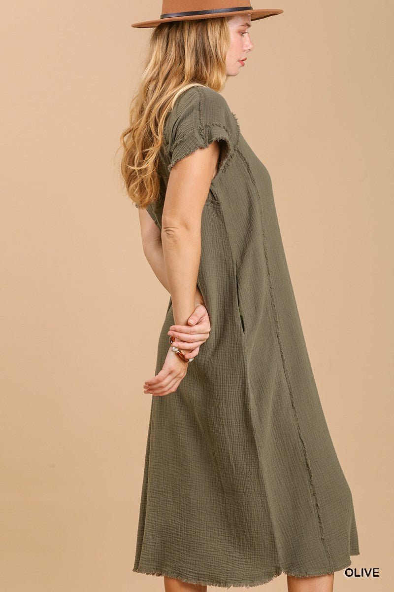 Split neck button down midi dress with no lining - Passion 4 Fashion USA