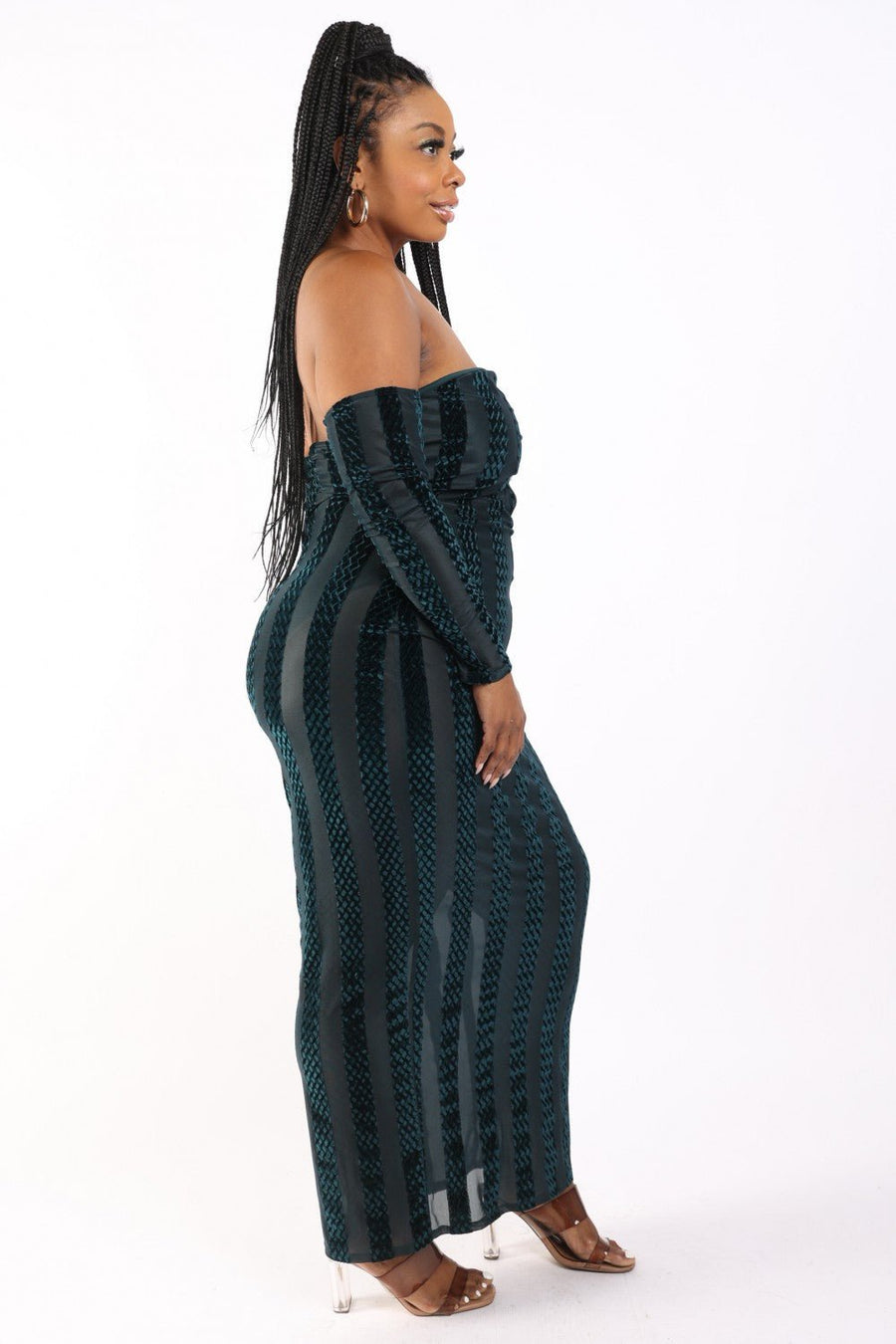 Striped Velvet Off Shoulder Dress - Passion 4 Fashion USA