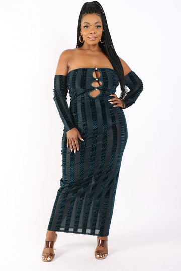 Striped Velvet Off Shoulder Dress - Passion 4 Fashion USA