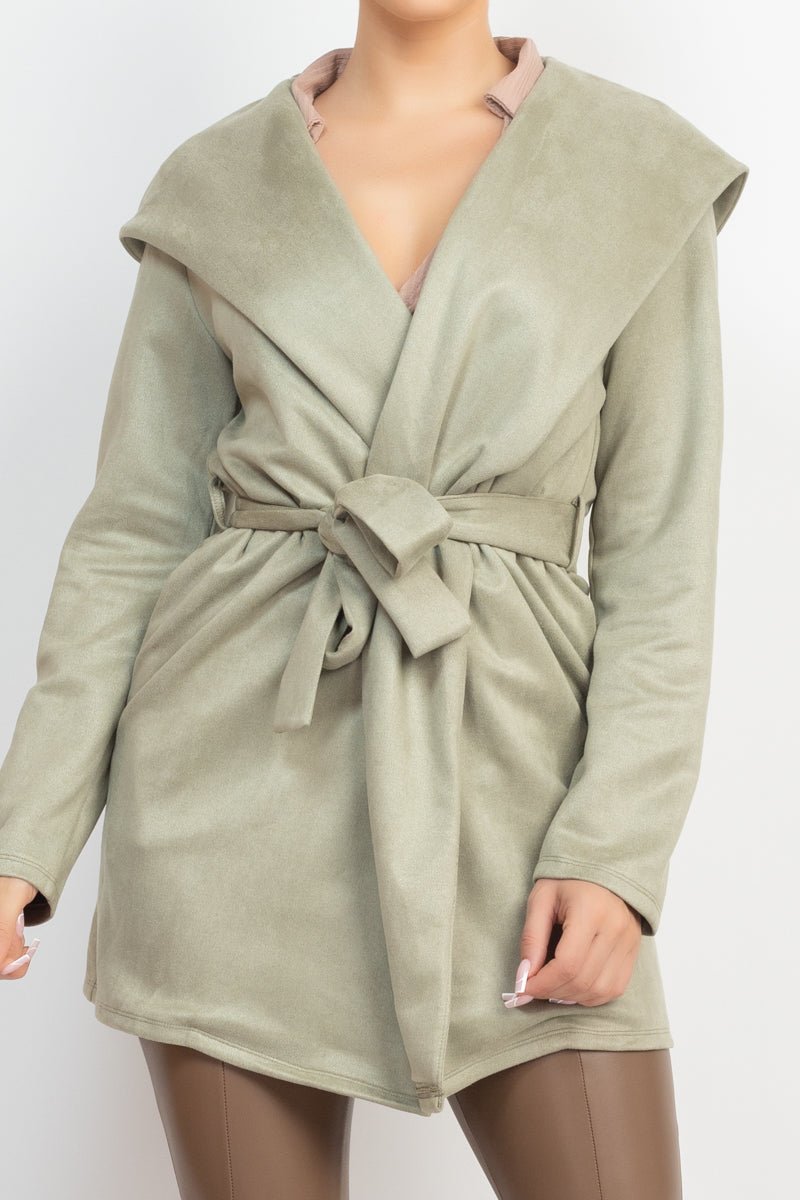 Suede Hooded Waist-tie Belt Jacket - Passion 4 Fashion USA