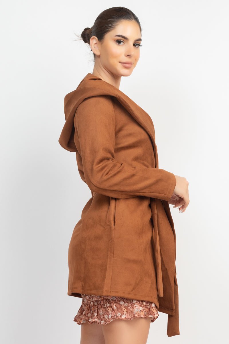 Suede Hooded Waist-tie Belt Jacket - Passion 4 Fashion USA