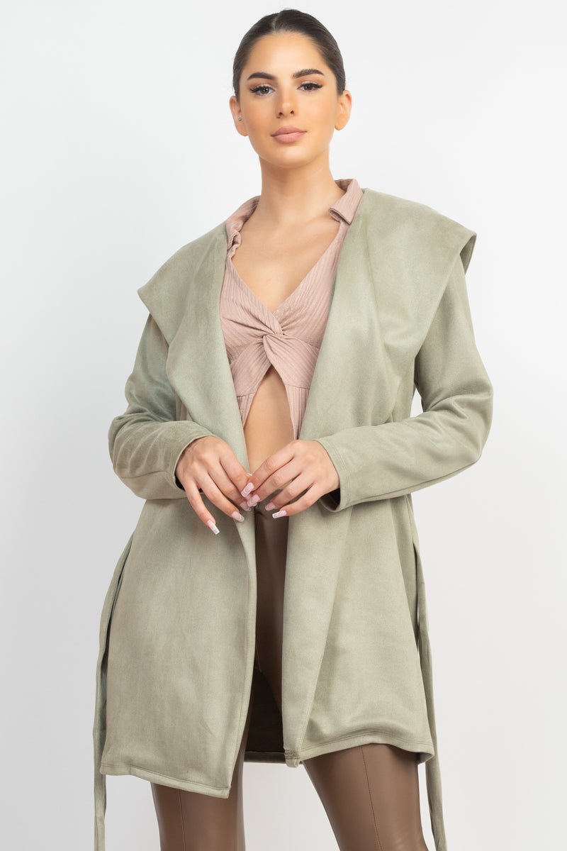 Suede Hooded Waist-tie Belt Jacket - Passion 4 Fashion USA