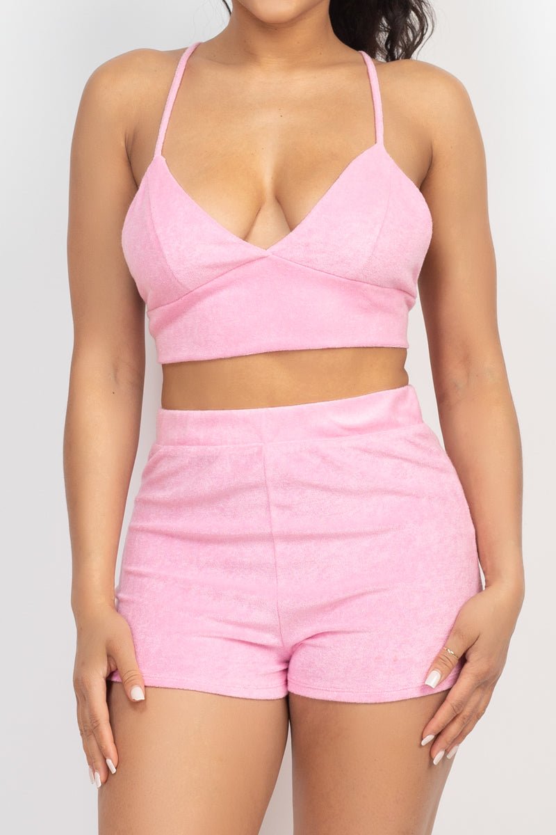 Terry Towel Bralette Top & Mini Shorts Set - Passion 4 Fashion USA