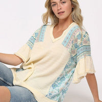 Texture Knit And Print Mixed Hi Low Hem Top - Passion 4 Fashion USA