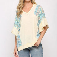 Texture Knit And Print Mixed Hi Low Hem Top - Passion 4 Fashion USA