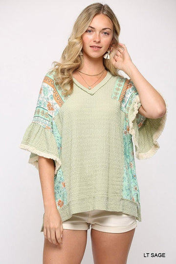 Texture Knit And Print Mixed Hi Low Hem Top - Passion 4 Fashion USA