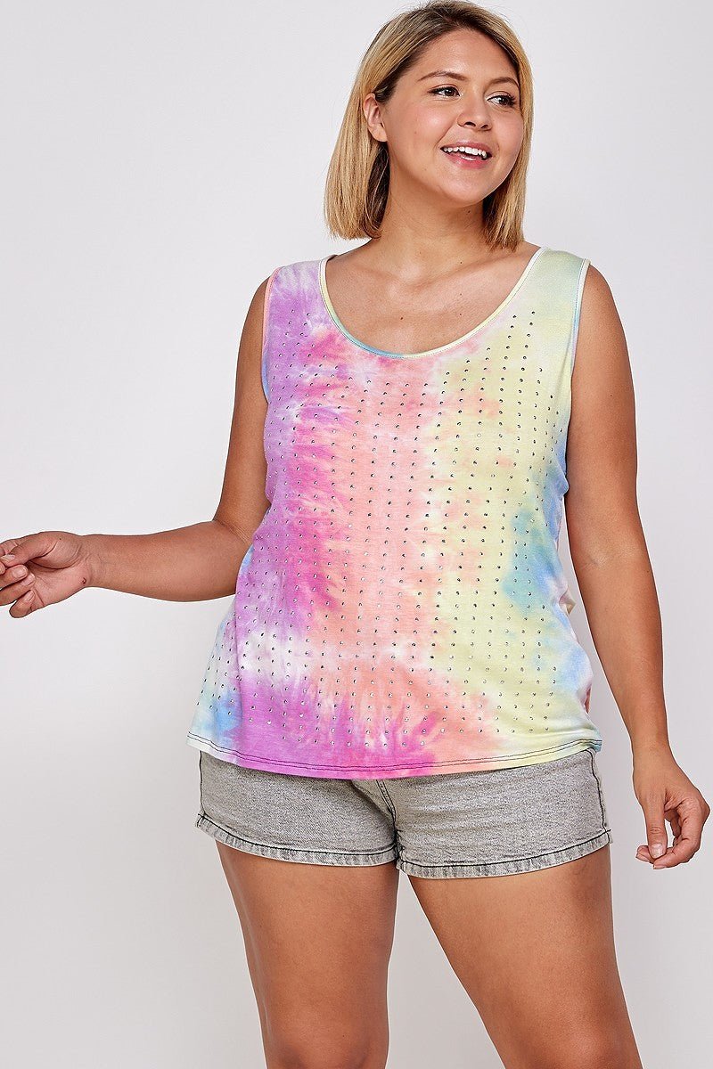 Tie Dye Tank With Studded Detail, Loose Fit, Easy Casual Wear - Passion 4 Fashion USA