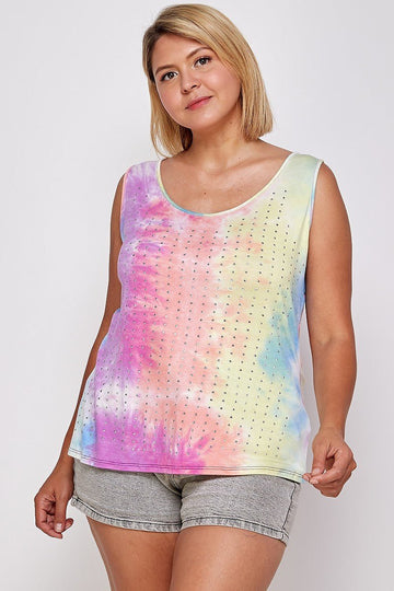 Tie Dye Tank With Studded Detail, Loose Fit, Easy Casual Wear - Passion 4 Fashion USA