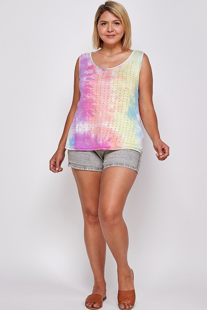 Tie Dye Tank With Studded Detail, Loose Fit, Easy Casual Wear - Passion 4 Fashion USA