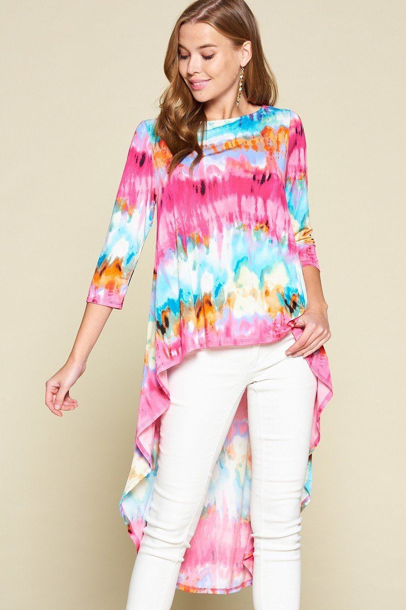 Tie-dye Venechia High Low Fashion Top With 3/4 Sleeves - Passion 4 Fashion USA
