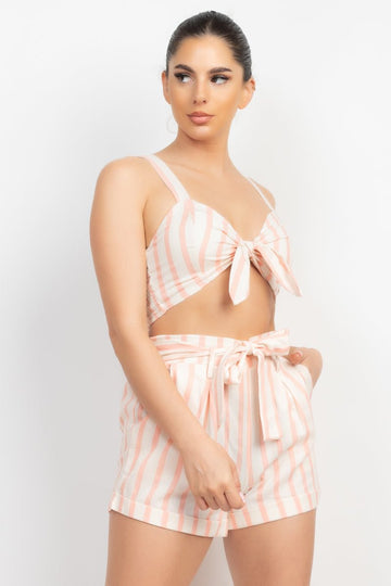 Tie-front Striped Crop Top & Belted Shorts Set - Passion 4 Fashion USA