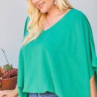 V Neck Dolman Sleeves Front Waist Elastic Solid Top - Passion 4 Fashion USA