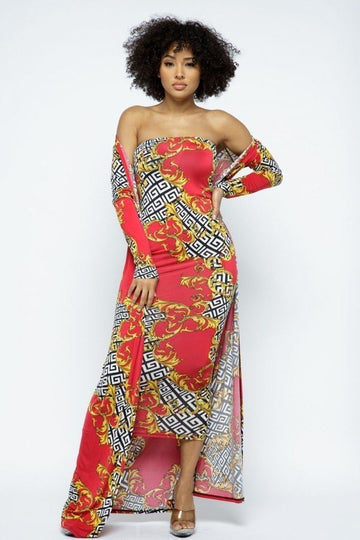 Venechia Print Tube Dress With Cardigan Set - Passion 4 Fashion USA