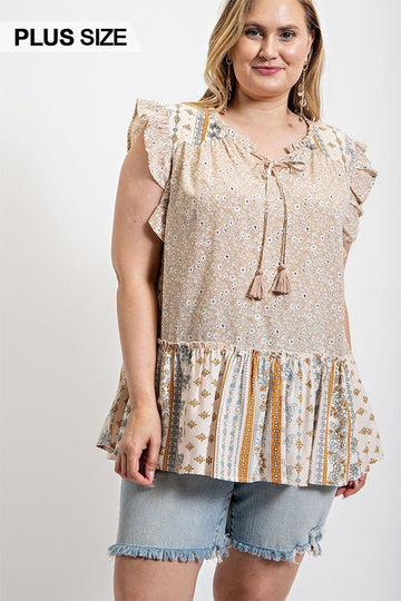 Woven Prints Mixed And Sleeveless Flutter Top With Tassel Tie - Passion 4 Fashion USA